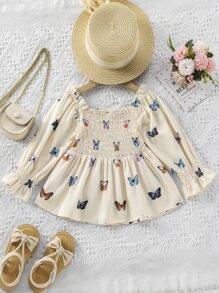 SHEIN 小女童蝴蝶圖案打褶荷葉袖襯衫 - 杏色 - 查看 2