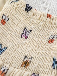 SHEIN 小女童蝴蝶圖案打褶荷葉袖襯衫 - 杏色 - 查看 5