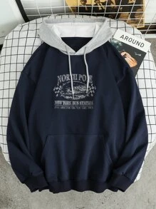 Manfinity Men Letter Graphic Kangaroo Pocket Drawstring Hoodie - Navy Blue - View 1