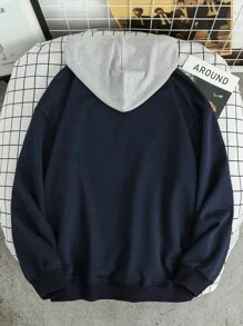 Manfinity Men Letter Graphic Kangaroo Pocket Drawstring Hoodie - Navy Blue - View 2
