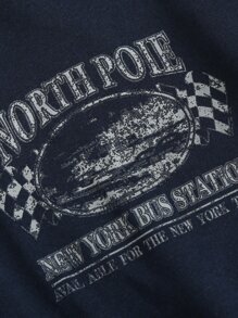 Manfinity Men Letter Graphic Kangaroo Pocket Drawstring Hoodie - Navy Blue - View 3