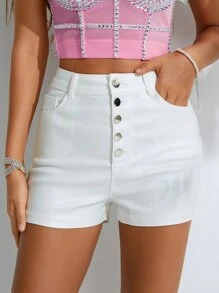 High Waist Pocket Button Fly PU Leather Shorts - White - View 1