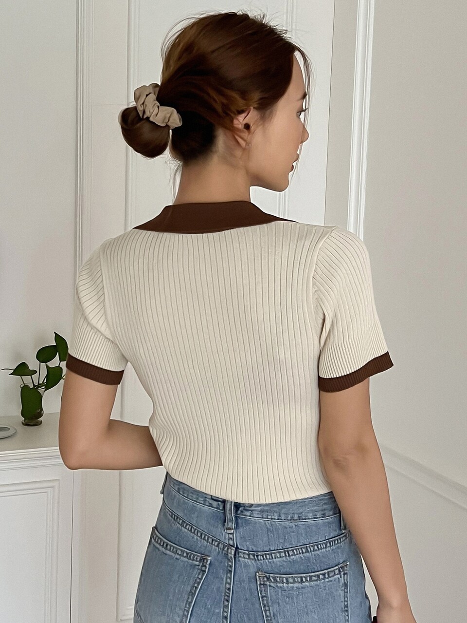 Contrast Collar Ribbed Knit Top,Fall Clothes