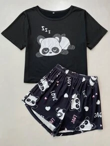 熊貓印花T恤和短褲睡衣套裝 - 彩色 - 查看 3