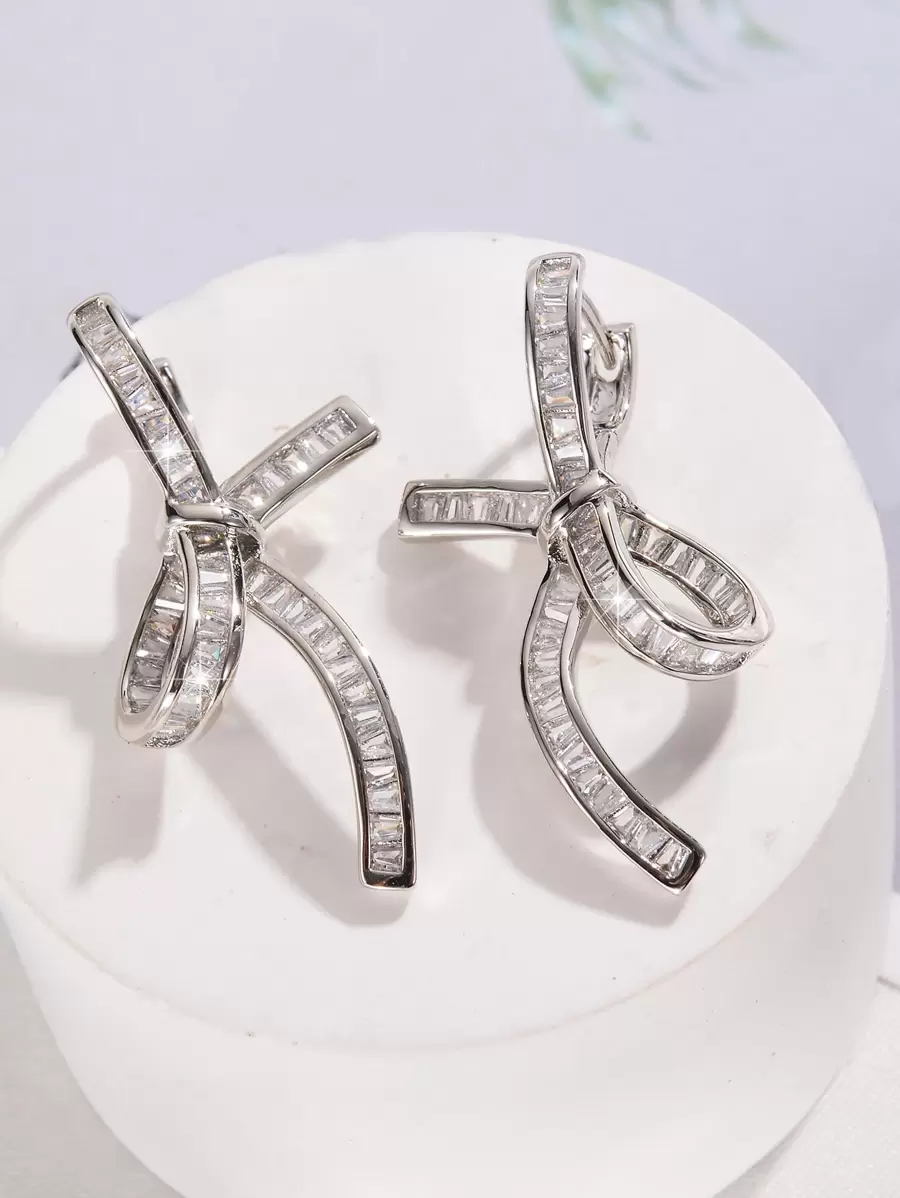 1pair Glamorous Cubic Zirconia Bow Design Stud Earrings For Women For Daily Decoration - Multicolor - View 1