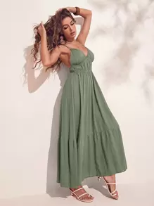 SHEIN VCAY 交叉露背荷葉邊吊帶洋裝 - 薄荷綠 - 查看 4