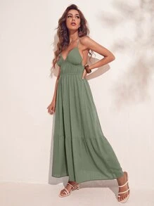 SHEIN VCAY 交叉露背荷葉邊吊帶洋裝 - 薄荷綠 - 查看 5