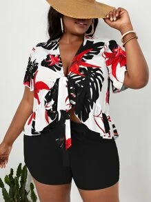 SHEIN SXY Plus Tropical Print Knot Front Top & Belted Shorts - Multicolor - View 1