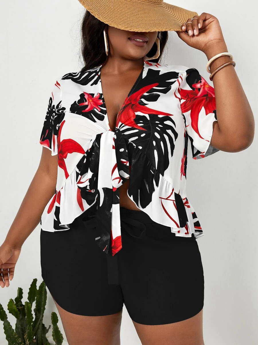 SHEIN SXY Plus Tropical Print Knot Front Top & Belted Shorts - Multicolor - View 1