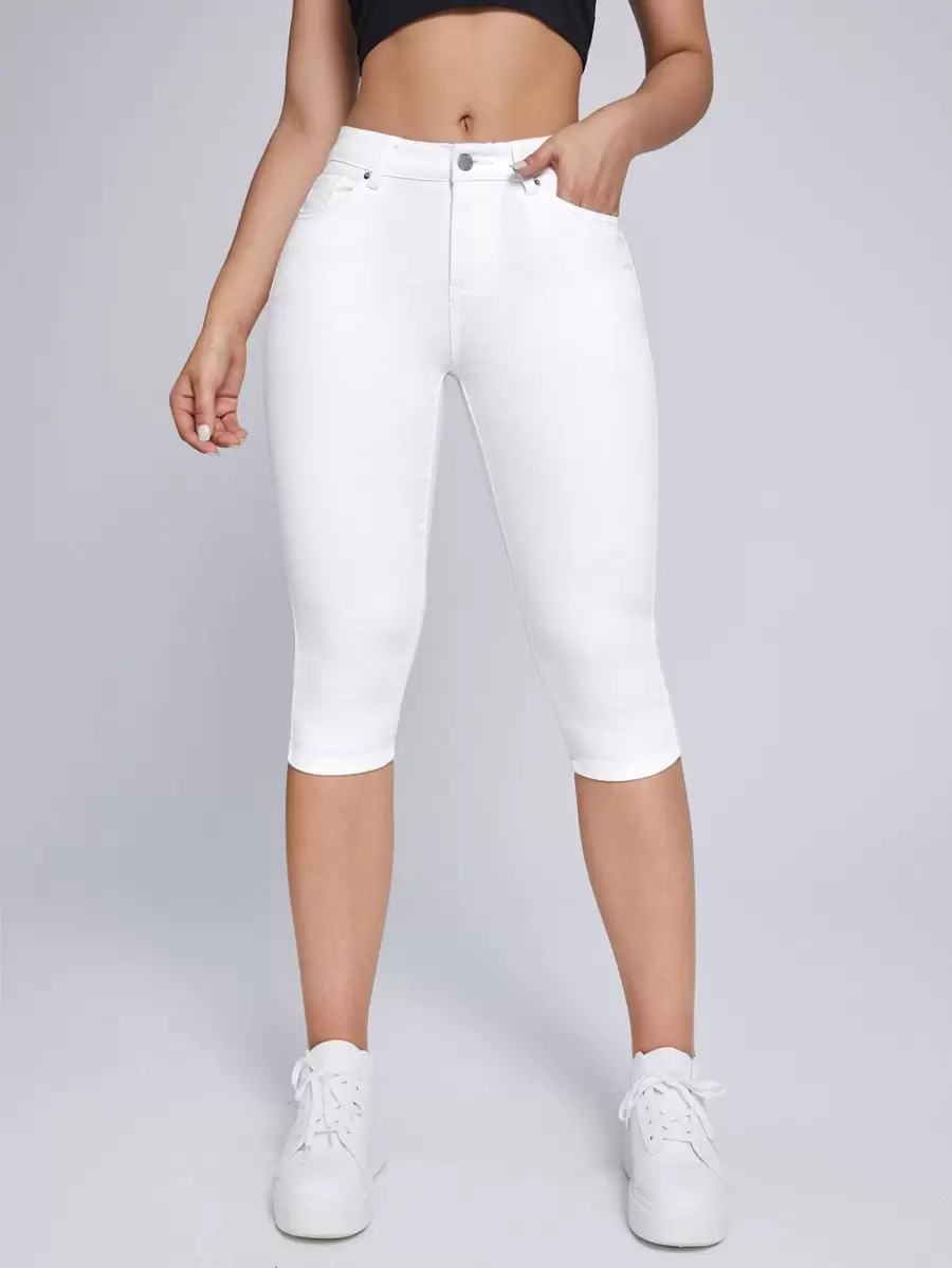 SHEIN Essnce Zip Fly Capri Skinny Jeans - White - View 1
