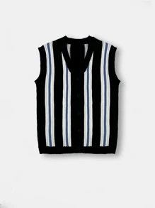 Boys Vertical Stripe Pattern Vest Cardigan - Black and White - View 1