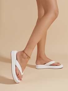 Pure White Soft Non-Slip Quality Leather Flip Flops, Fashionable New Thick Sole Slippers, Comfortable And Versatile For Indoor And Outdoor Wear, Suitable For All Seasons, Wedge Heels