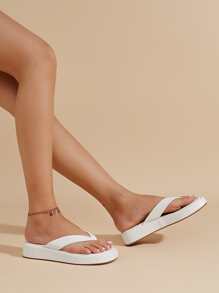 Pure White Soft Non-Slip Quality Leather Flip Flops, Fashionable New Thick Sole Slippers, Comfortable And Versatile For Indoor And Outdoor Wear, Suitable For All Seasons, Wedge Heels