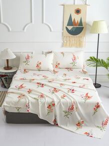 4入組花卉圖案床單1入組床單和2入組枕套和1入組床笠四季皆宜滌綸床上用品 - 彩色 - 查看 2