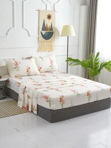 4入組花卉圖案床單1入組床單和2入組枕套和1入組床笠四季皆宜滌綸床上用品 - 彩色 - 查看 6