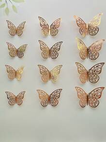 12pcs/set 3D Wall Stickers, Hollow Butterfly For Kids Rooms Home Wall Decor, DIY Fridge Stickers, Room Decoration - Rose Gold - View 1