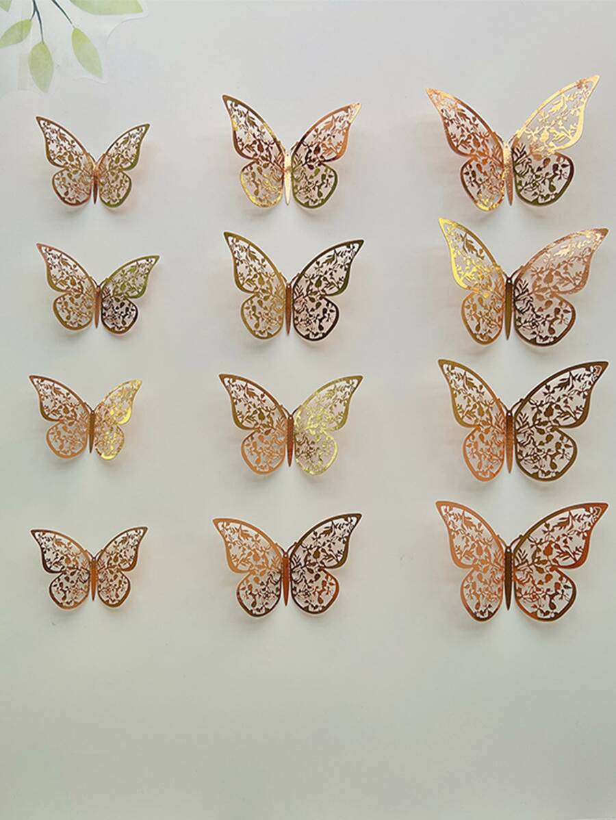 12pcs/set 3D Wall Stickers, Hollow Butterfly For Kids Rooms Home Wall Decor, DIY Fridge Stickers, Room Decoration - Rose Gold - View 1