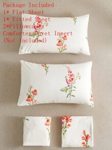4入組花卉圖案床單1入組床單和2入組枕套和1入組床笠四季皆宜滌綸床上用品 - 彩色 - 查看 9
