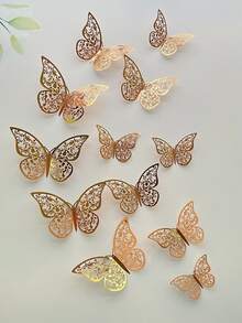 12pcs/set 3D Wall Stickers, Hollow Butterfly For Kids Rooms Home Wall Decor, DIY Fridge Stickers, Room Decoration - Rose Gold - View 3