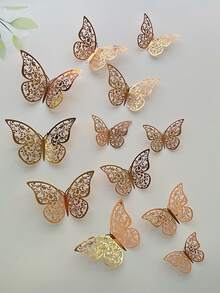 12pcs/set 3D Wall Stickers, Hollow Butterfly For Kids Rooms Home Wall Decor, DIY Fridge Stickers, Room Decoration - Rose Gold - View 4
