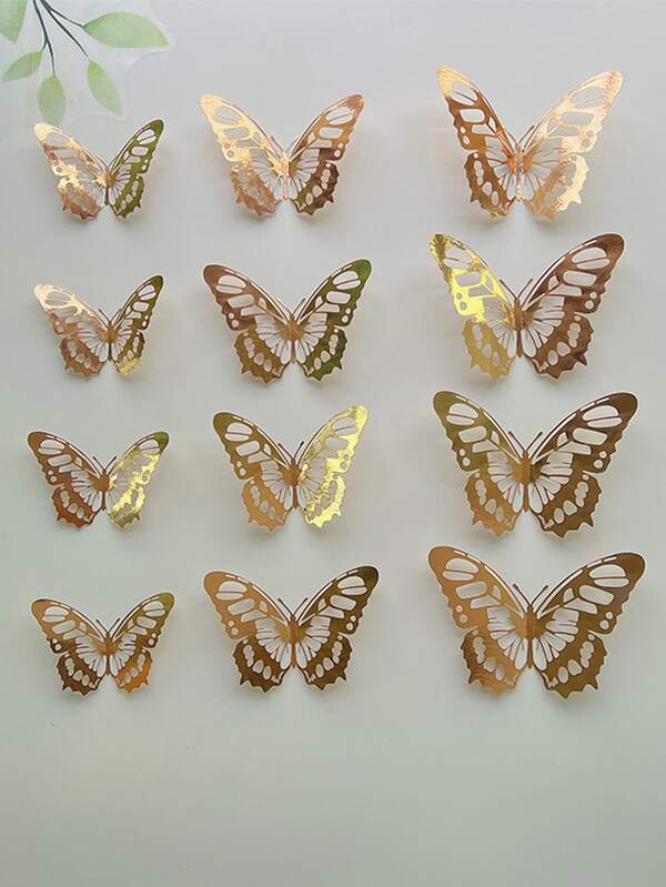12pcs Hollow 3D Butterfly Sticker, Gold Paper Butterfly Wall Decor For