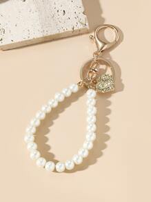 Faux Pearl Decor Heart Charm Keychain - White - View 2