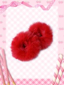 ROMWE Kawaii 2pcs Fuzzy Hair Tie Cute Christmas ValentinesScrunchiesscrunchy Hair Ties - Red - View 3