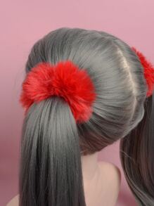 ROMWE Kawaii 2pcs Fuzzy Hair Tie Cute Christmas ValentinesScrunchiesscrunchy Hair Ties - Red - View 4
