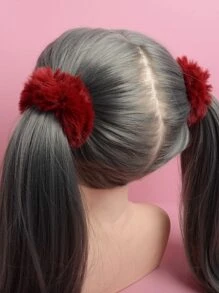 ROMWE Kawaii 2pcs Fuzzy Hair Ties For Daily Use For Girls Hairstyles Casual Cute Christmas ValentinesScrunchiesscrunchy Hair Ties - Burgundy - View 4