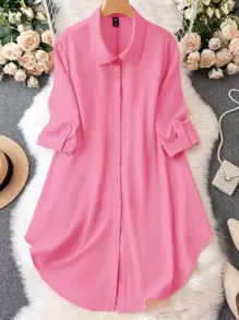 SHEIN LUNE Đầm Plus Size Nút phía trước màu trơn Giải trí - Hồng - Xem 1