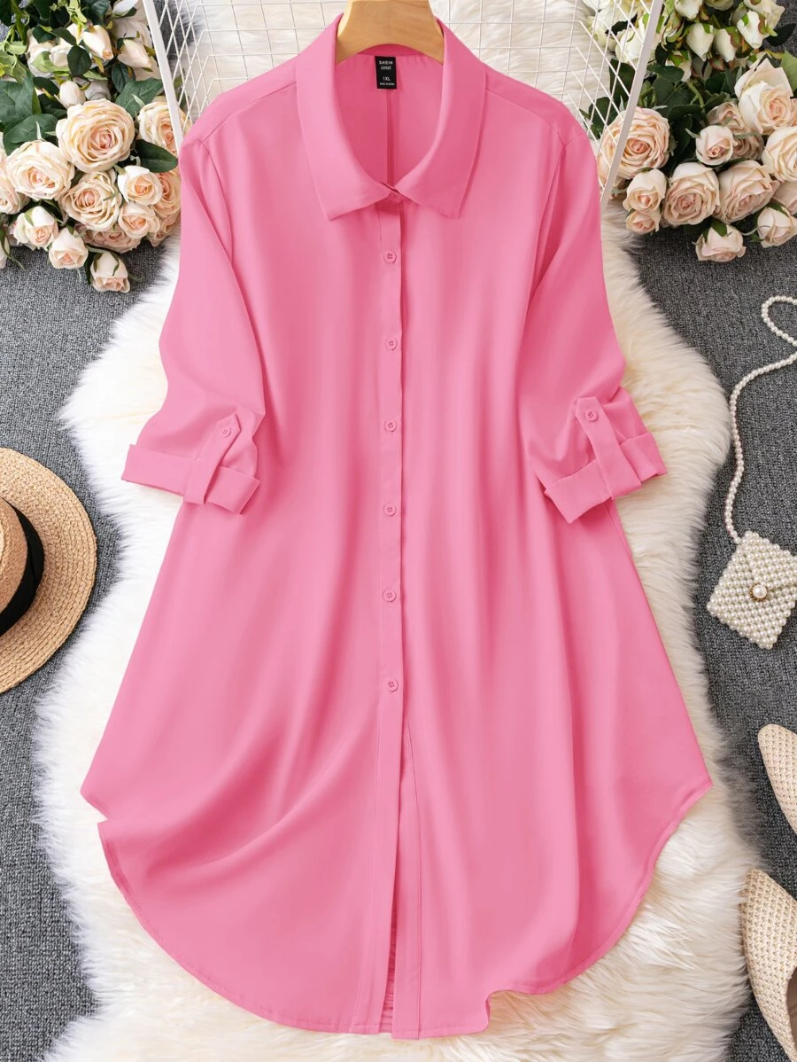 SHEIN LUNE Đầm Plus Size Nút phía trước màu trơn Giải trí - Hồng - Xem 1