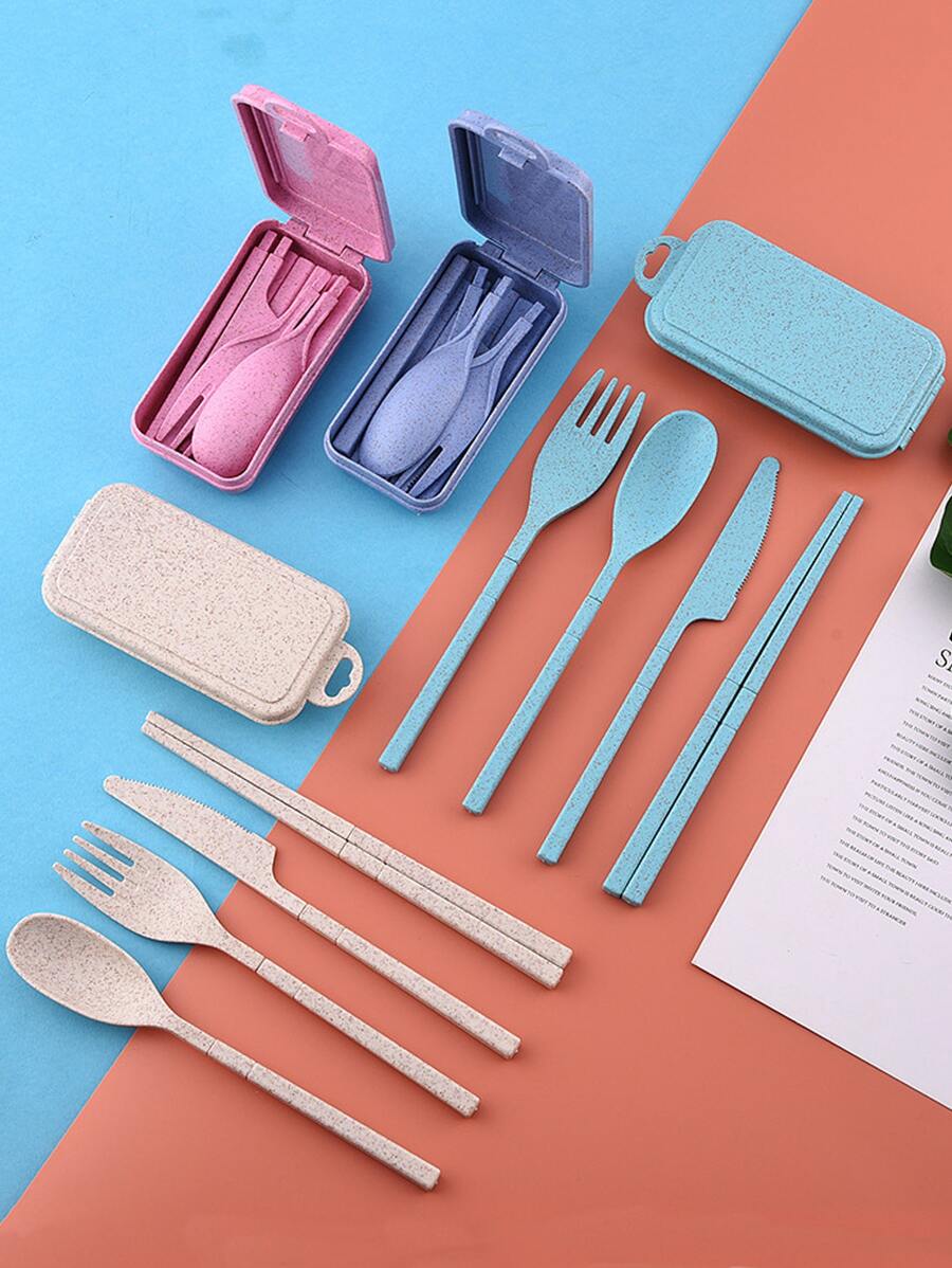 4pcs Foldable Plain Spoon & Fork & Chopsticks & Knife Set, With Storage Box, Portable Flatware For Outdoor