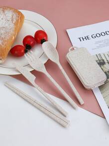 4pcs Foldable Plain Spoon & Fork & Chopsticks & Knife Set, With Storage Box, Portable Flatware For Outdoor