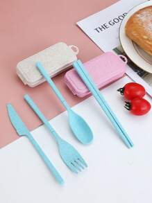 4pcs Foldable Plain Spoon & Fork & Chopsticks & Knife Set, With Storage Box, Portable Flatware For Outdoor