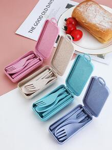 4pcs Foldable Plain Spoon & Fork & Chopsticks & Knife Set, With Storage Box, Portable Flatware For Outdoor