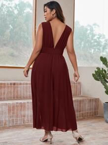 SHEIN Belle Vestido unicolor de cuello V profundo bajo con abertura - Granate - Ver 2