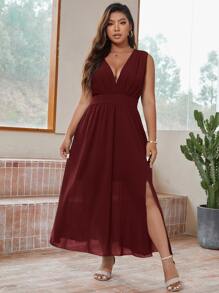 SHEIN Belle Vestido unicolor de cuello V profundo bajo con abertura - Granate - Ver 3
