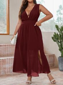 SHEIN Belle Vestido unicolor de cuello V profundo bajo con abertura - Granate - Ver 4