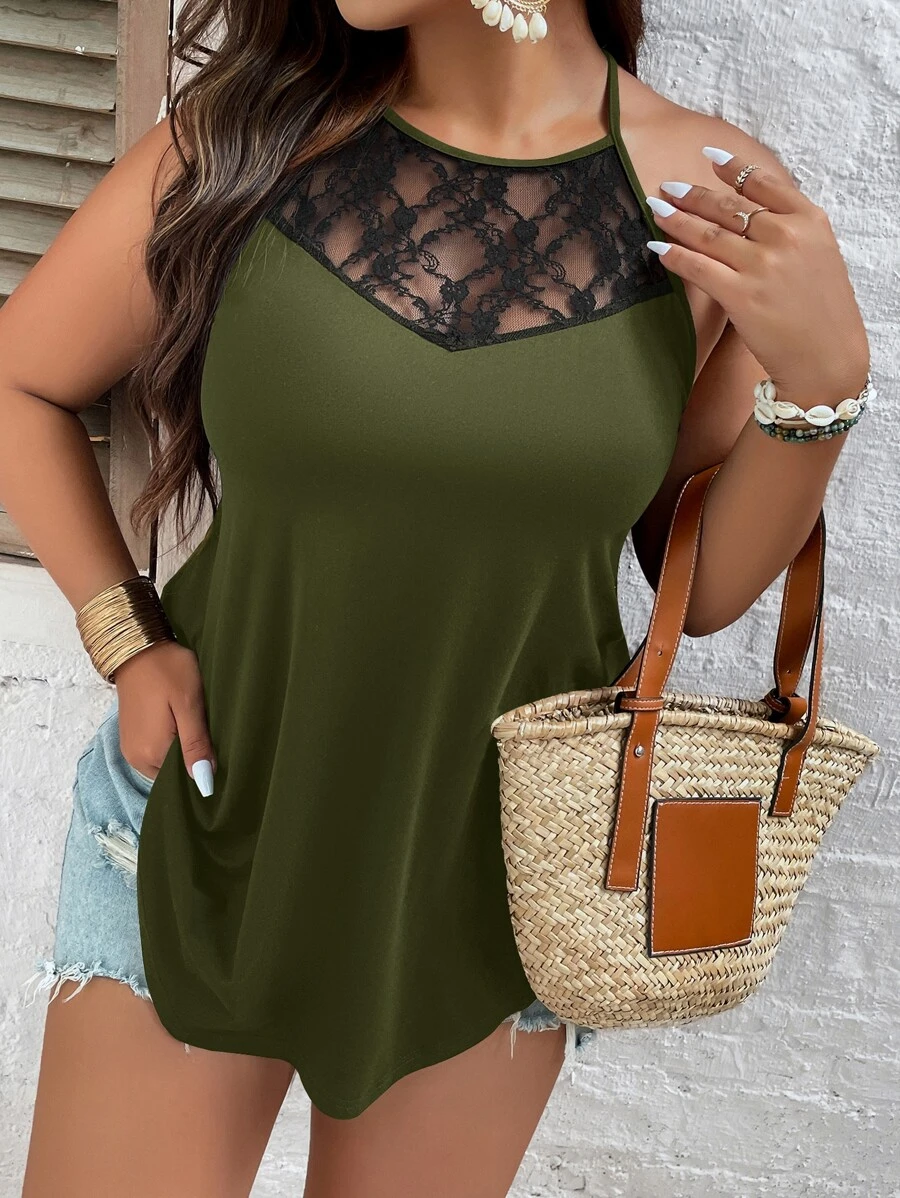 SHEIN Holidaya 大碼蕾絲拼接後背繫帶掛脖上衣 - 軍綠色 - 查看 1