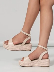 Espadrille Flatform Ankle Strap Sandals - Beige - View 1