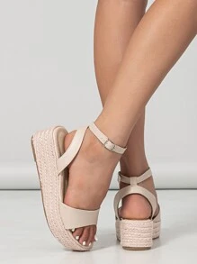Espadrille Flatform Ankle Strap Sandals - Beige - View 4