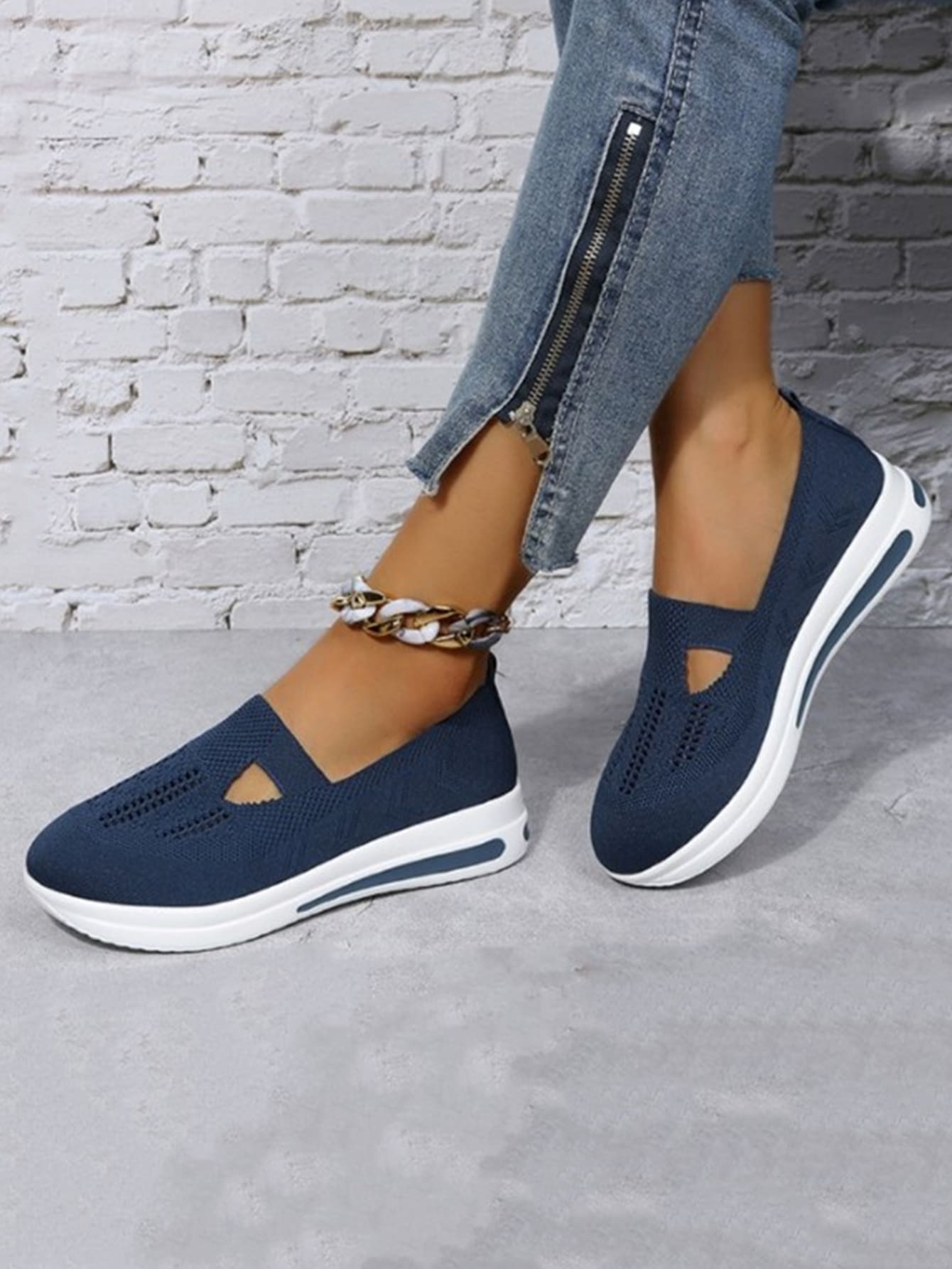 女士極簡鏤空一腳蹬戶外休閒透氣網布運動鞋 - 藍色 - 查看 1