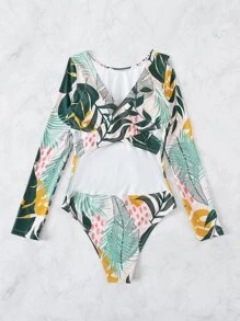 夏季热带印花镂空交叉后背圆领连体泳衣 - 彩色 - 查看 6