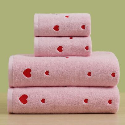 QIBHI 3条装刺绣爱心图案毛巾，柔软吸水浴巾/手巾，适合情侣聚会、居家、浴室、情人节礼物、婚礼装饰，柔软亲肤的浴室毛巾，适用于浴室、酒店、健身房、旅行、礼品、沙龙、运动、户外、海滩、学校、返校季、旅行配件、家居用品