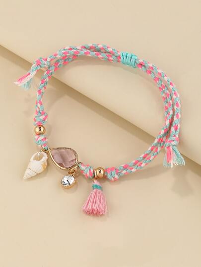 Tassel & Conch Charm Bead Decor Bracelet