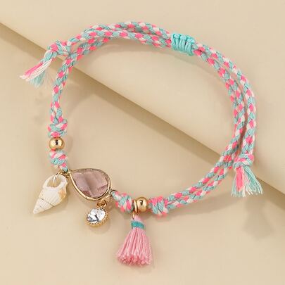 Püskül ve Kabuklu Charm Boncuk Dekor Bileklik