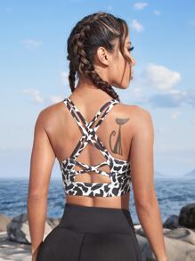 Easithlete Sujetador deportivo con estampado de leopardo de espalda con tira cruzada - Blanco y Negro - Ver 1