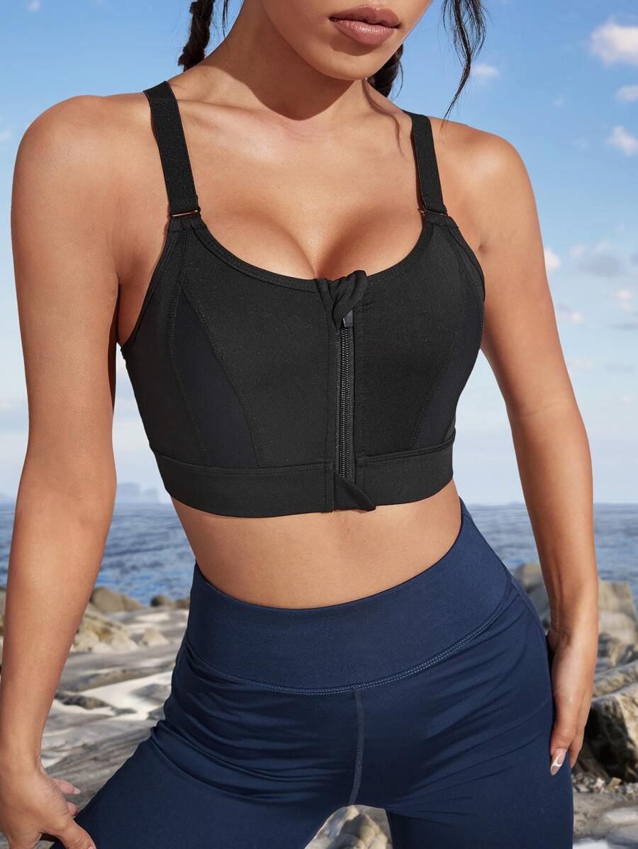Criss Cross Back Zipper Front Sports Bra - Black - View 1