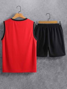 Aesthetic Post Hombres con estampado de letra Top tank & de cintura con cordón Shorts - Multicolor - Ver 2