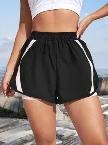 In My Nature Pantalones cortos deportivos de cintura alta con bloques de color para senderismo, prendas de mujer, shorts de sudadera - Negro - Ver 3